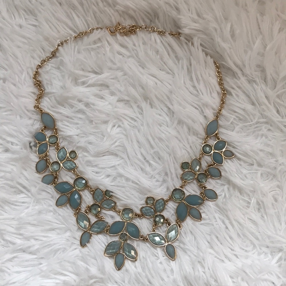Gold Statement Necklace with Light Blue Jewels